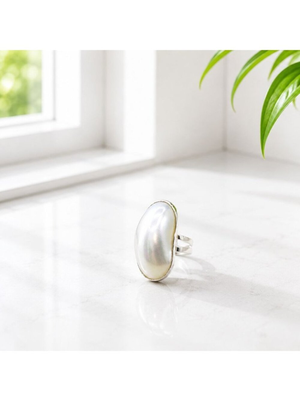 Vintage Faux Pearl Adjustable Silver Tone Ring Minimalist Statement Jewelry